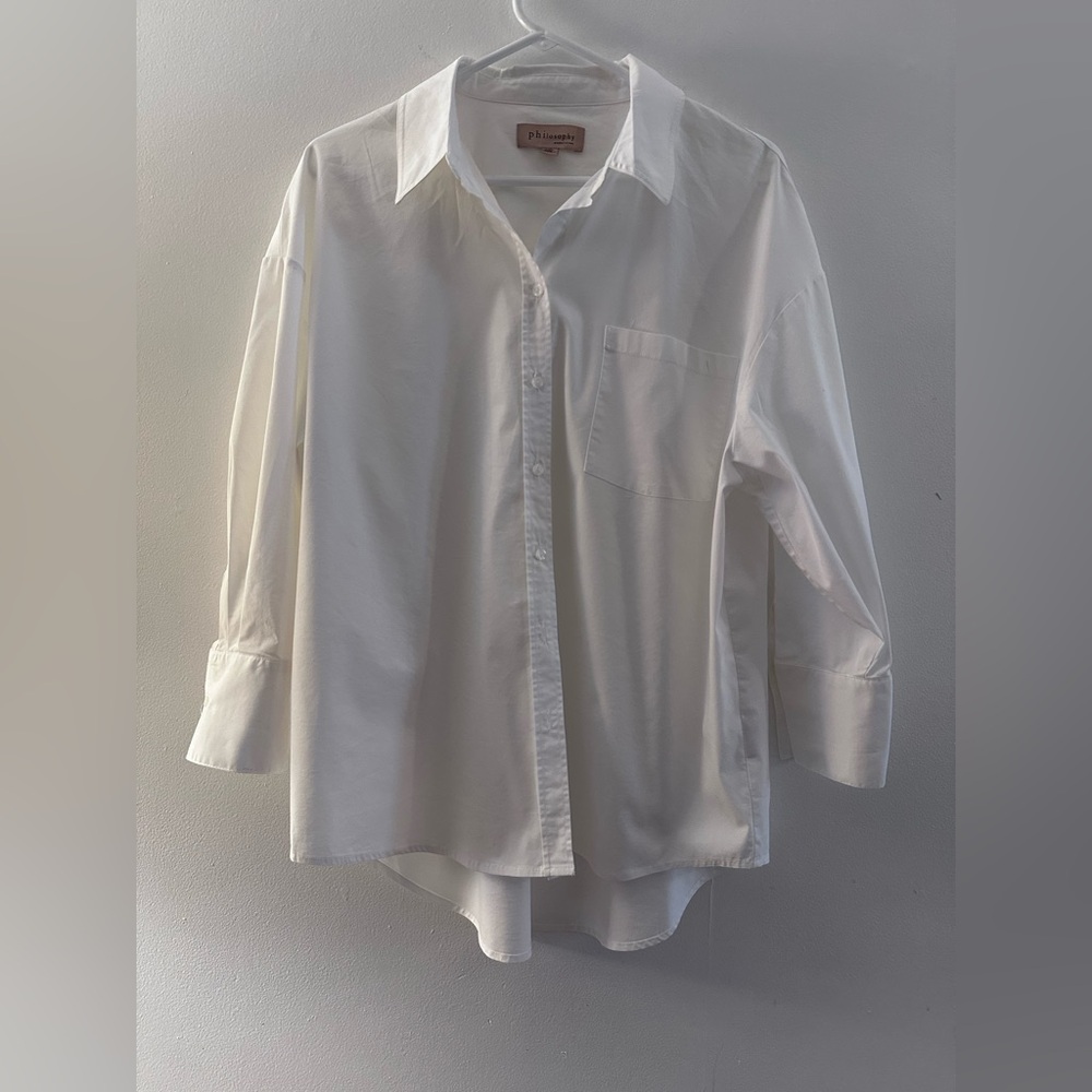 Philosophy Oversize Crisp White Long Sleeve Hi Low Hem Button Up Relaxed Shirt